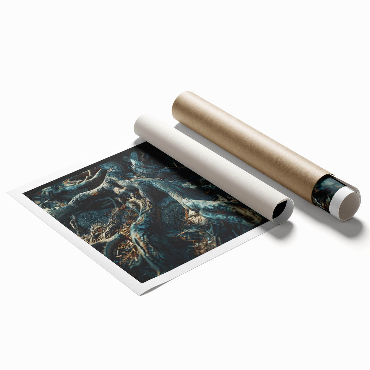 Botanical wall art print showcasing a vibrant forest scene with lush green trees and colorful flowers, rolled and ready for display in a stylish decor setting.