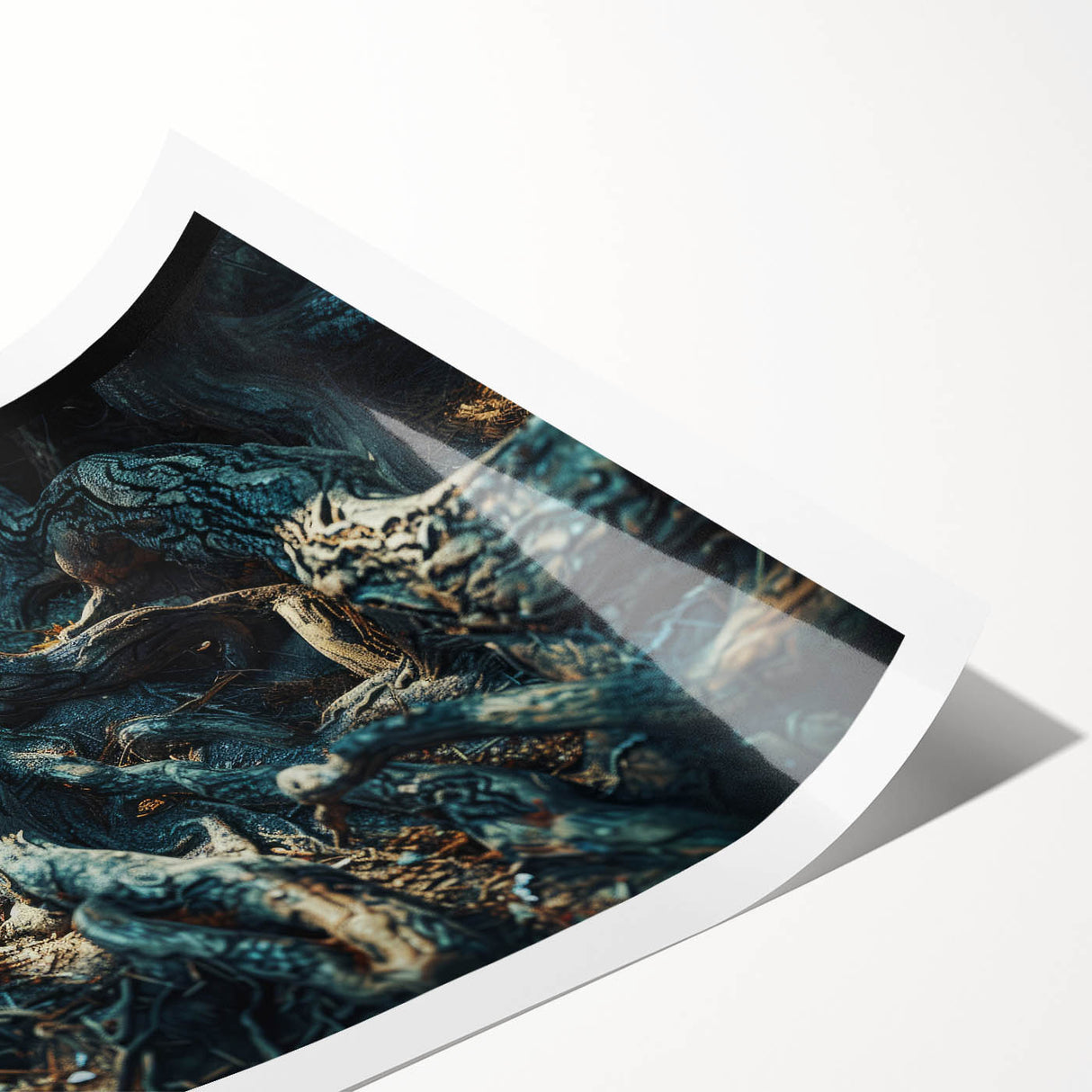 Rolled botanical wall art print showcasing a vibrant forest design with colorful flowers and trees, elegantly packaged in a protective cardboard tube for display.