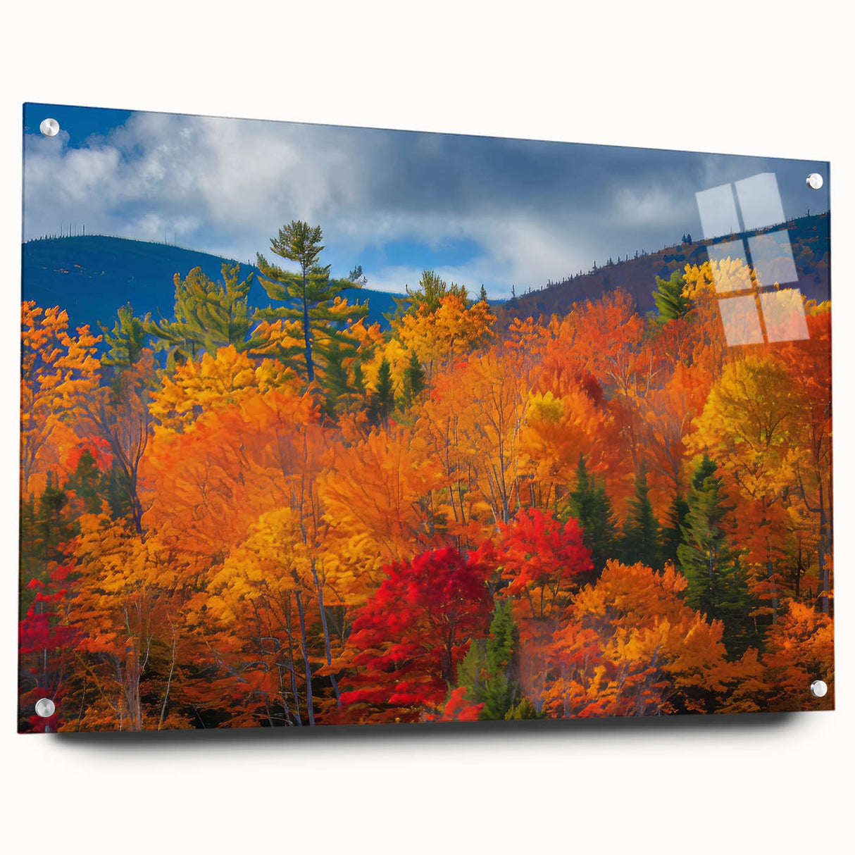Acrylic glass wall art showcasing a botanical forest design with various flowers and trees, elegantly displayed from the side with metal pins, perfect for nature-themed decor.