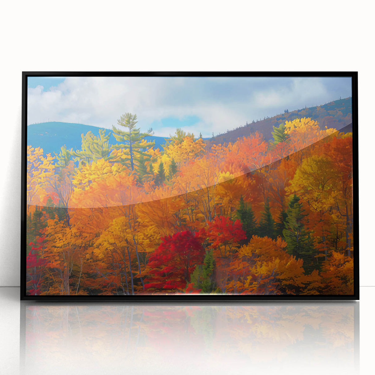 Framed wall art showcasing a botanical forest design with vibrant flowers and trees, featuring a sleek black frame, ideal for modern home decor.