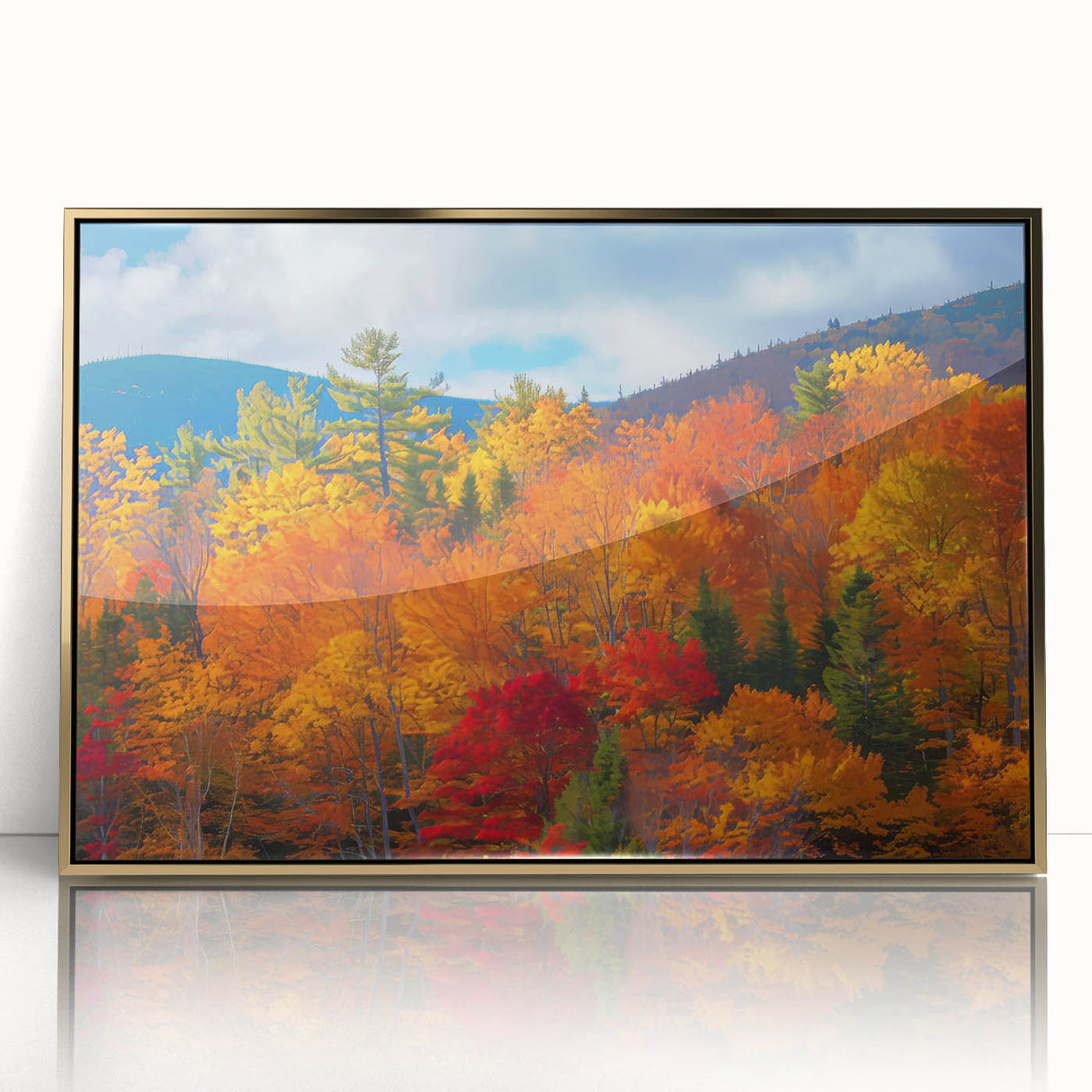 Framed botanical wall art featuring a serene forest scene with vibrant flowers and trees, accented by a gold frame, ideal for home decor. Perfect for nature lovers seeking to enhance their living space with elegant artwork.