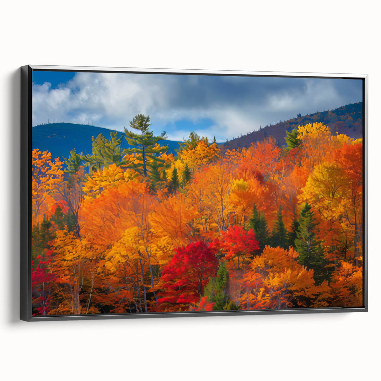 Framed canvas wall art showcasing a botanical forest design with vibrant flowers and trees, displayed in a sleek black frame, ideal for home decor.