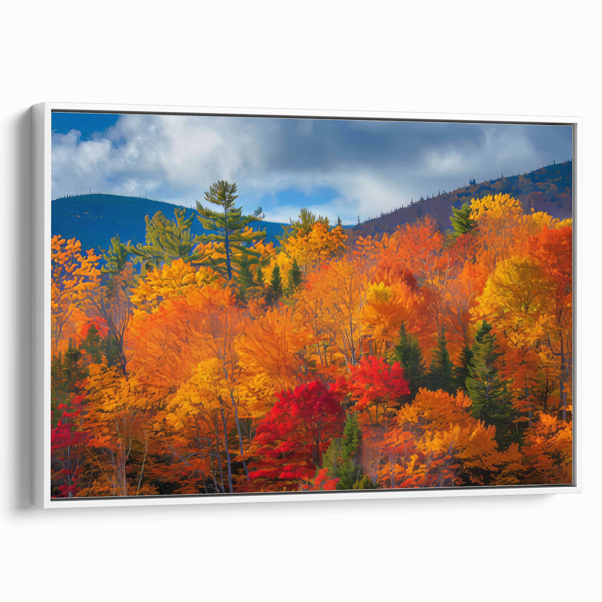 Framed wall art featuring a botanical forest design with vibrant flowers and trees, showcasing a white frame and side view, perfect for modern home decor.