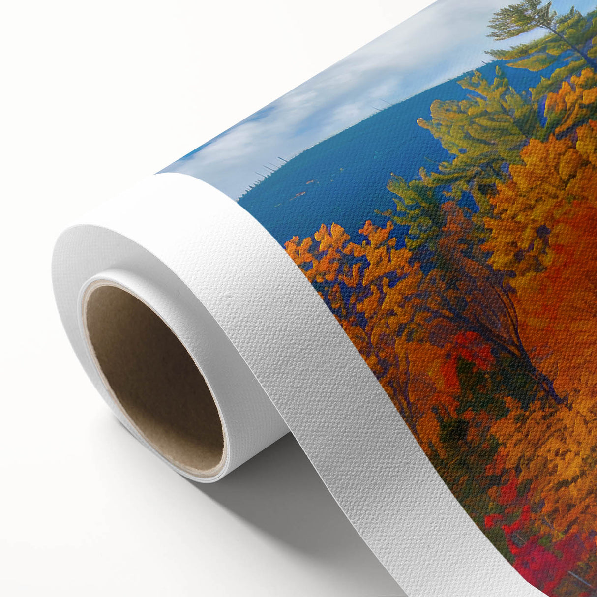 Rolled canvas print showcasing a vibrant botanical forest design with colorful flowers and trees, ideal for enhancing home decor in natural-themed settings.