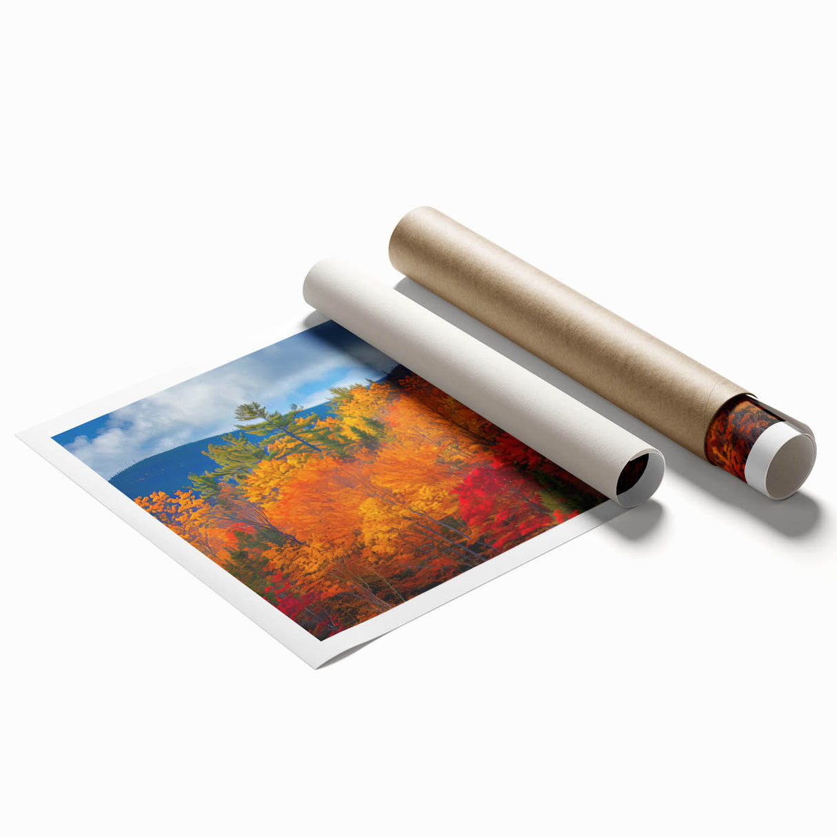 Botanical forest wall art print showcasing a vibrant design of colorful flowers and trees, rolled for easy transport and display in home decor.