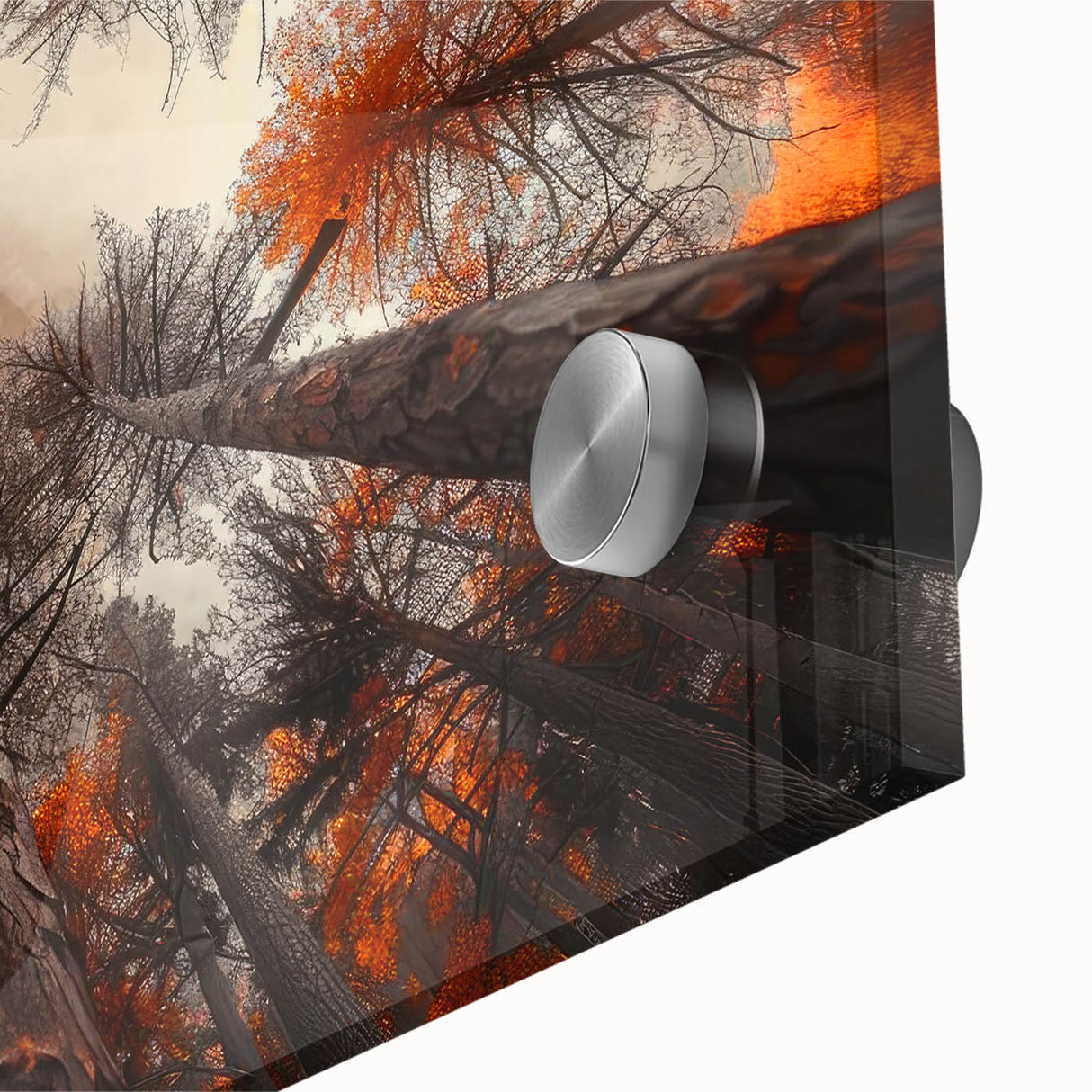 Close-up of a botanical forest wall art piece, showcasing vibrant flowers and trees with intricate details, designed for acrylic glass display in modern decor.