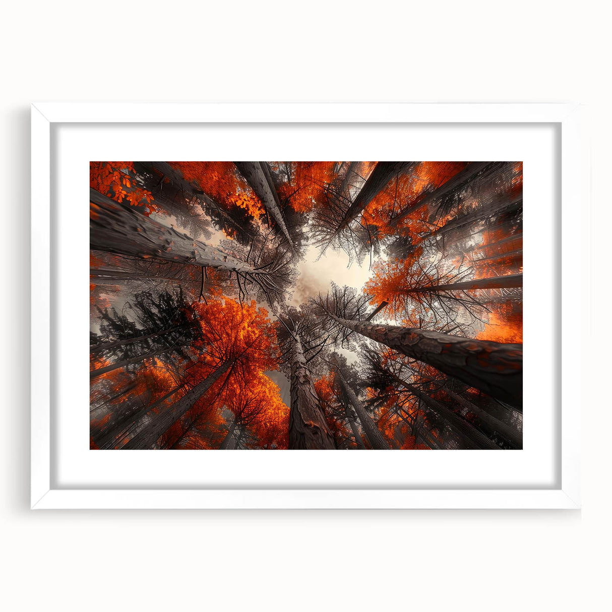 Framed botanical wall art featuring a vibrant floral design with trees, set against a white mat background, perfect for home decor in modern spaces.