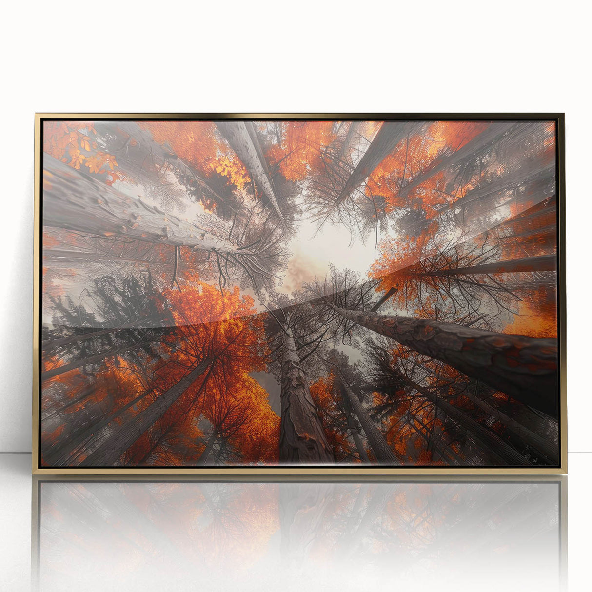 Framed wall art showcasing a vibrant botanical forest design with colorful flowers and trees, featuring a sleek gold acrylic front, perfect for home decor.