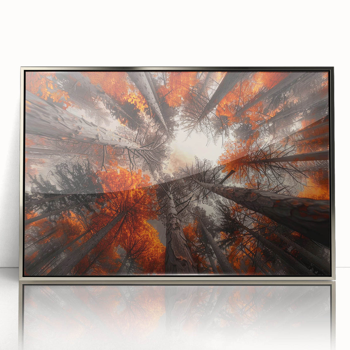 Framed acrylic wall art featuring a vibrant botanical forest design with colorful flowers and trees, set against a silver frame, perfect for home decor.