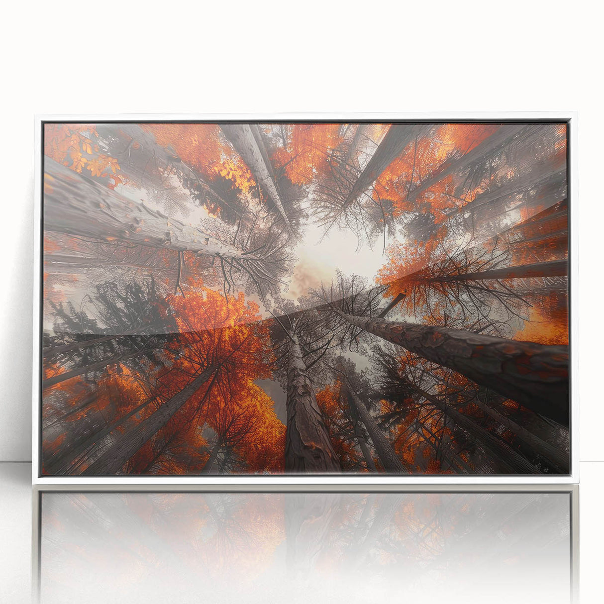 Framed acrylic wall art showcasing a vibrant botanical forest design with various colorful flowers and trees, set against a sleek white background, perfect for home decor.