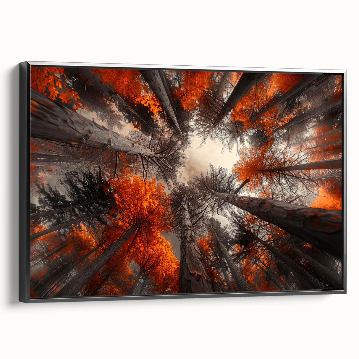 Framed canvas wall art featuring a botanical forest design with vibrant flowers and trees, showcasing a black frame from a side view, perfect for home decor.