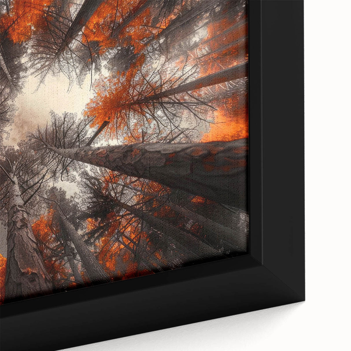 Framed wall art close-up showcasing a vibrant botanical design of flowers and trees, featuring intricate details and rich colors, perfect for home decor.