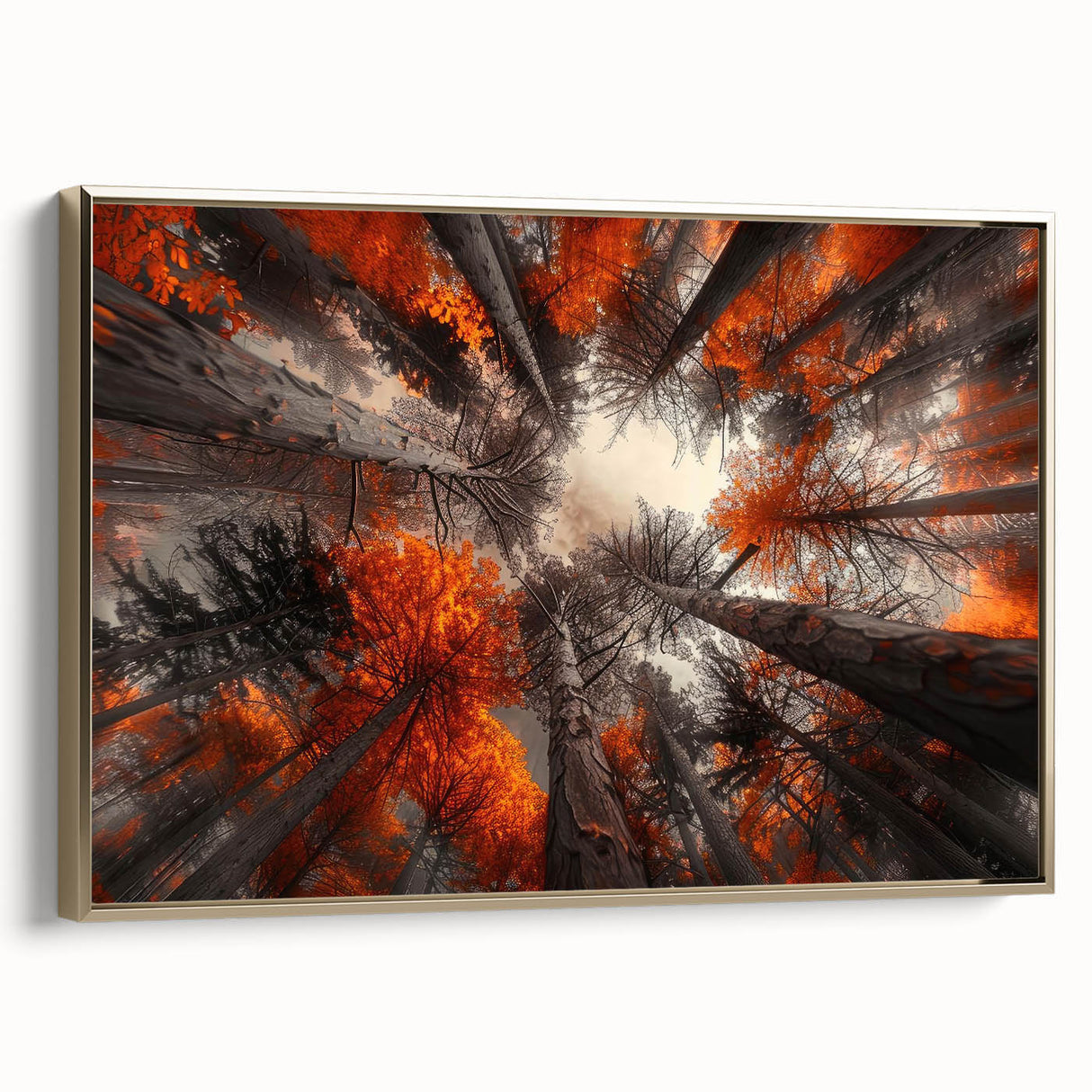 Framed wall art showcasing a botanical forest design with vibrant flowers and trees, featuring a gold border that enhances its elegance and aesthetic appeal.