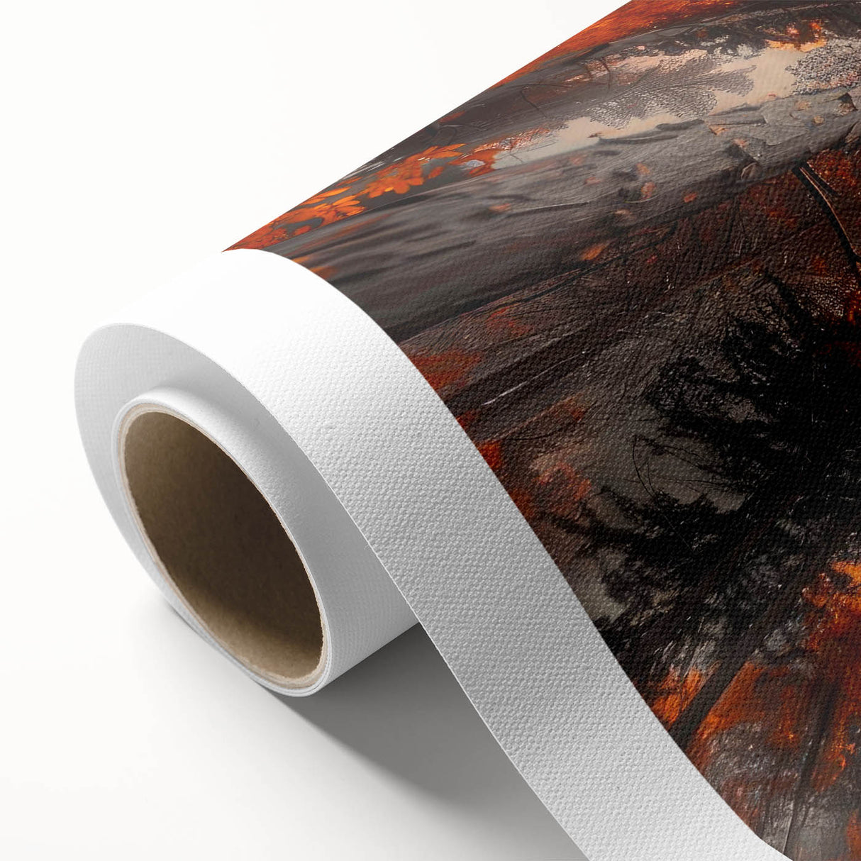 Rolled canvas artwork depicting a vibrant botanical forest scene with colorful flowers and trees, perfect for adding a natural touch to home decor.
