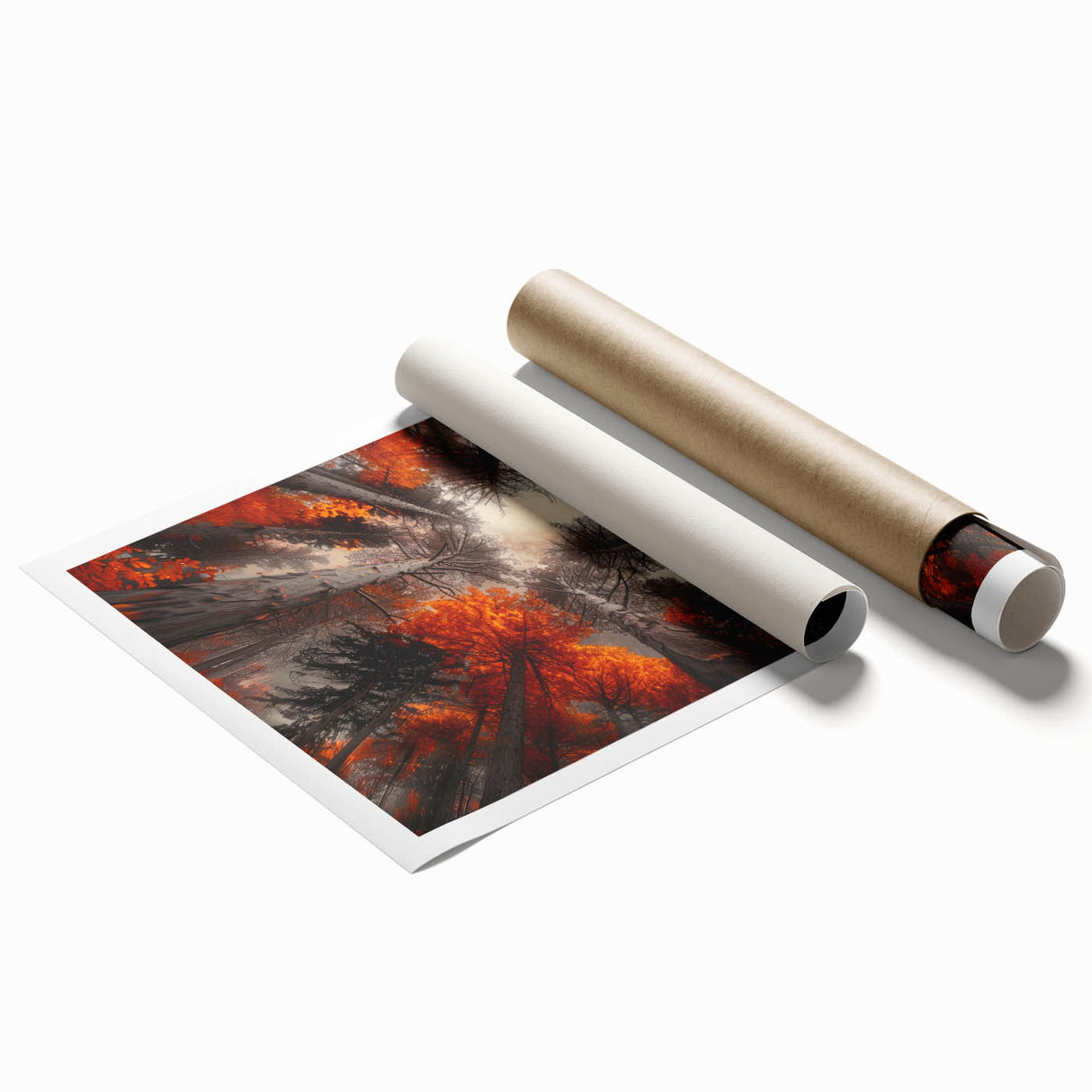 Botanical wall art print showcasing a vibrant forest scene with lush trees and colorful flowers, rolled and ready for display in a stylish home decor setting.