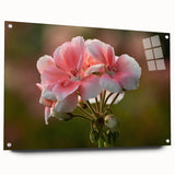 Side view of a botanical geranium wall art collection displayed under acrylic glass, featuring vibrant floral designs and pin attachments for easy hanging. Perfect for adding a touch of nature-inspired decor to any space.