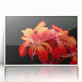 Framed botanical wall art displaying a vibrant geranium design in shades of pink and green, set against a white background, perfect for home decor enhancement.