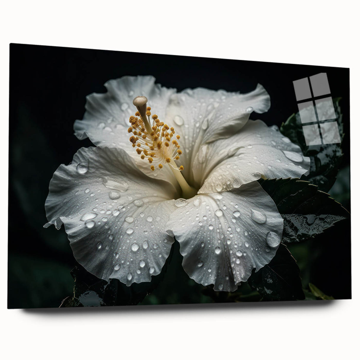 Elegant acrylic wall art showcasing a vibrant hibiscus botanical design, side view displaying its glossy finish and contemporary aesthetic, perfect for home decor.