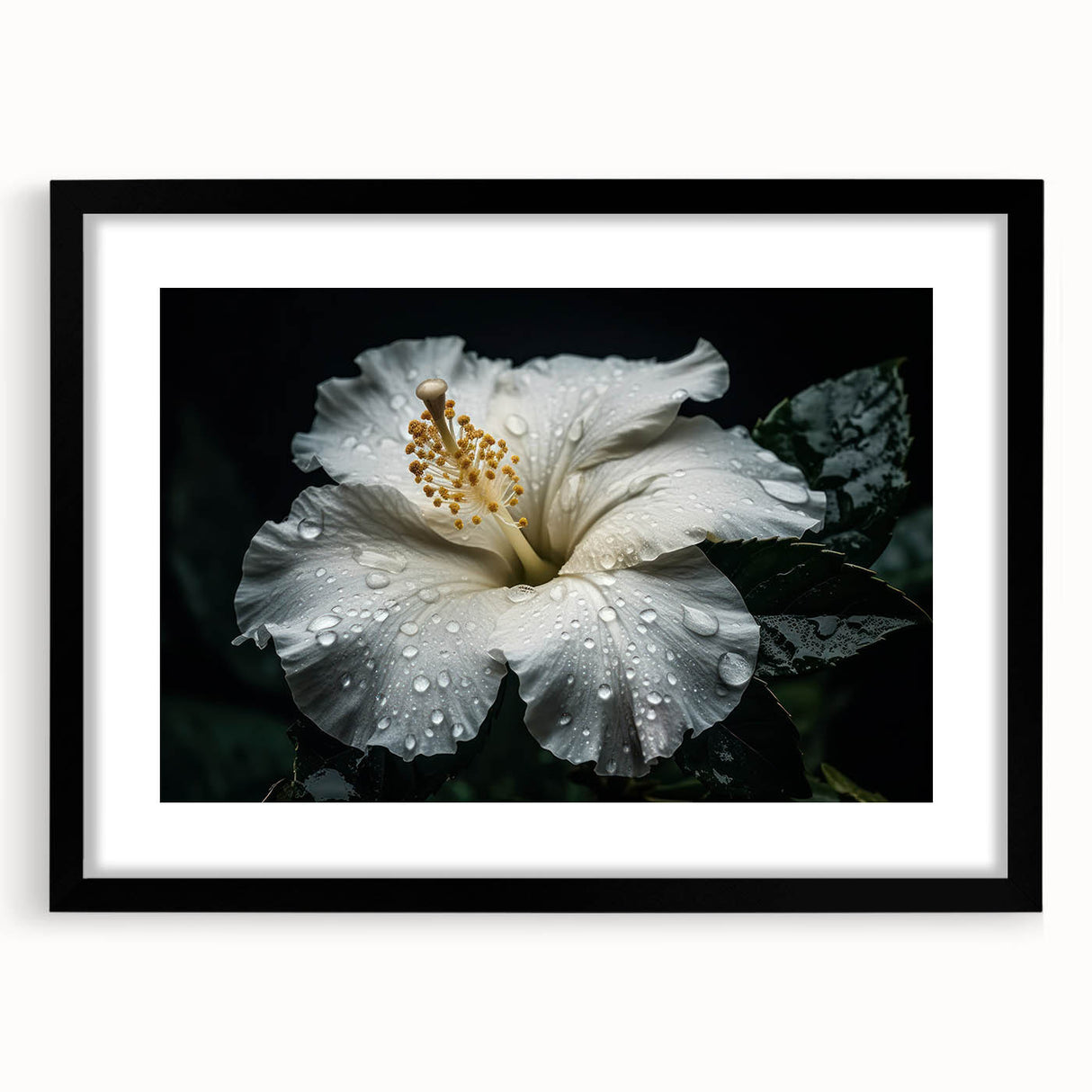 Black-framed wall art featuring a vibrant hibiscus botanical design with intricate floral details, perfect for home decor and enhancing indoor aesthetics.