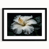 Black-framed wall art featuring a vibrant hibiscus botanical design with intricate floral details, perfect for home decor and enhancing indoor aesthetics.