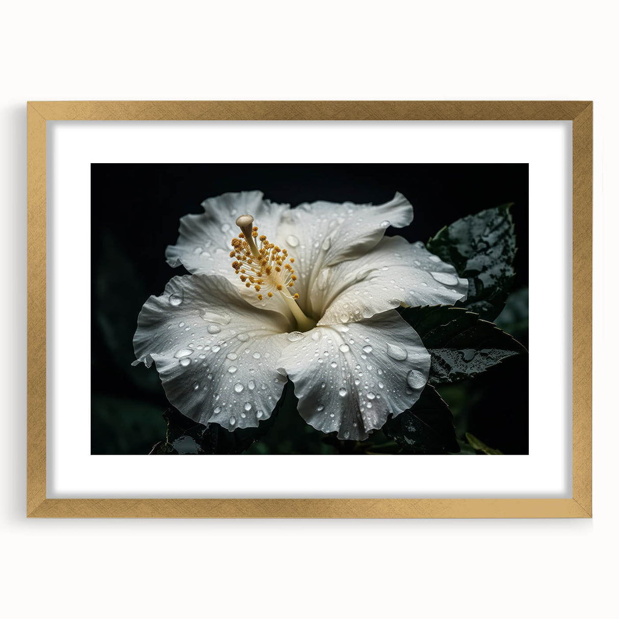 Elegant wall art featuring a botanical hibiscus design in vibrant colors, framed in gold with a matte finish, ideal for enhancing home decor aesthetics.