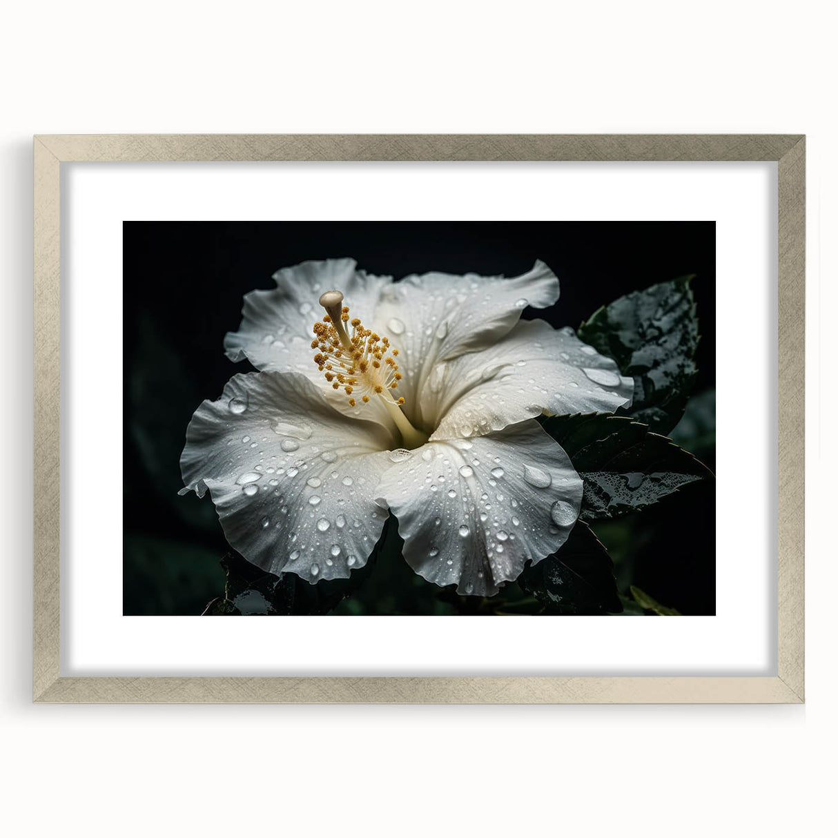 Botanical wall art featuring a vibrant hibiscus design, framed in silver with a mat, showcasing intricate floral details and a modern aesthetic for home decor.