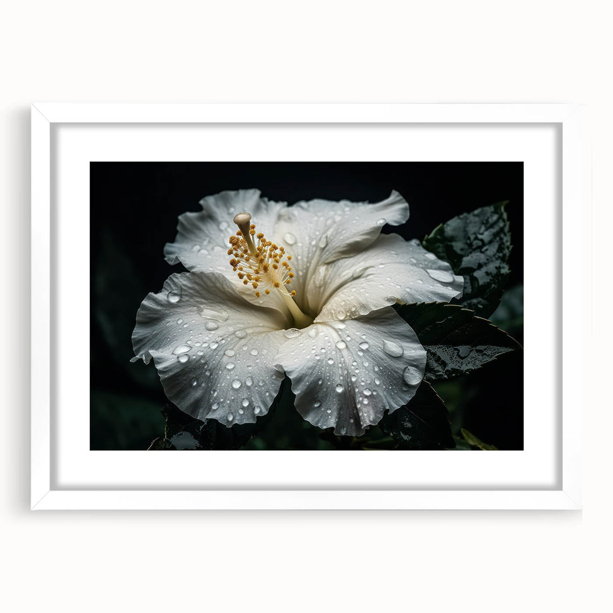 Botanical wall art featuring a vibrant hibiscus design in a white frame with a mat, perfect for home decor or floral-themed interiors. Ideal for enhancing living spaces.