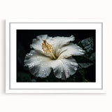 Botanical wall art featuring a vibrant hibiscus design in a white frame with a mat, perfect for home decor or floral-themed interiors. Ideal for enhancing living spaces.