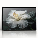 Framed wall art showcasing a vibrant hibiscus botanical design with a black frame, perfect for home decor or as a unique gift. Features intricate floral details and a modern aesthetic.