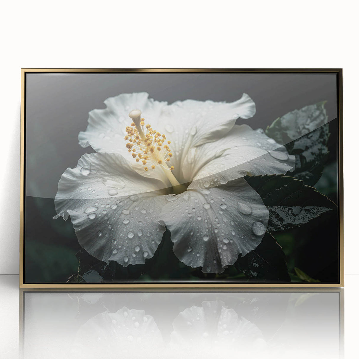 Framed wall art showcasing a vibrant botanical hibiscus design with gold accents, perfect for modern home decor. Ideal for floral enthusiasts and interior styling.