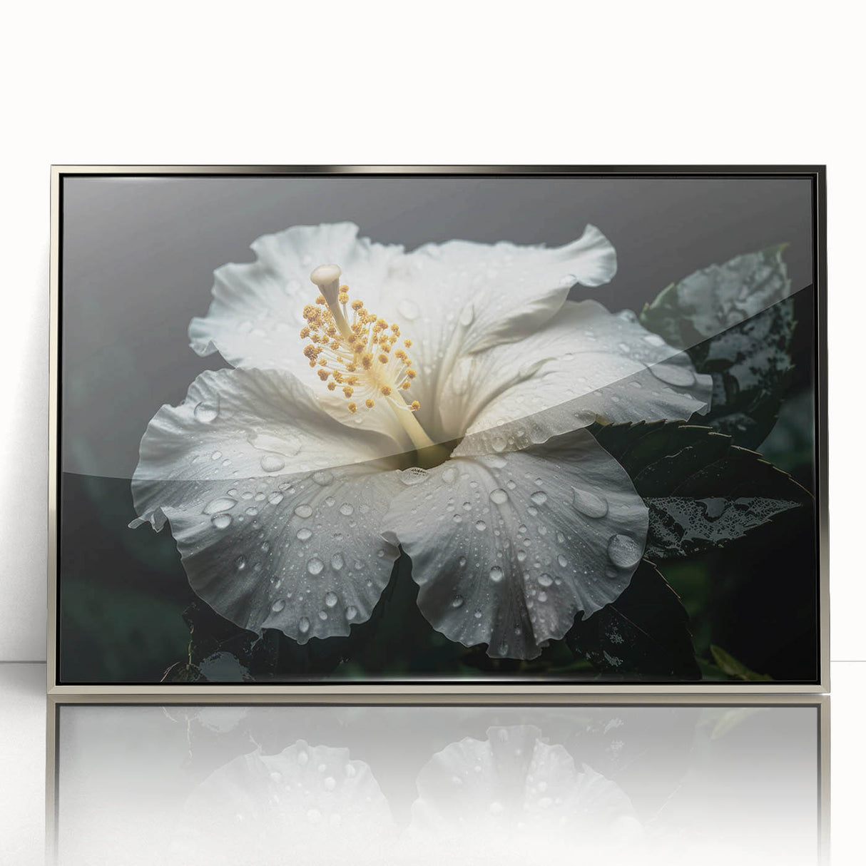 Framed silver wall art showcasing a vibrant hibiscus botanical design, set against a sleek acrylic background, perfect for enhancing modern decor.