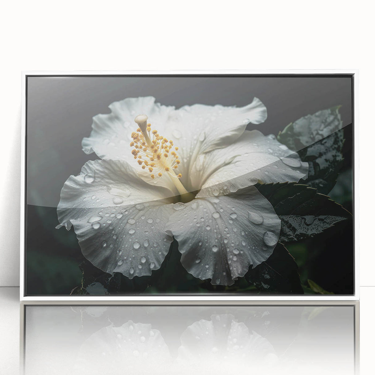 Framed acrylic wall art showcasing a vibrant botanical hibiscus design with bright colors, set against a white frame, perfect for home decor enhancement.
