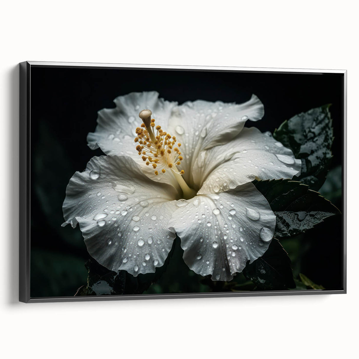 Framed canvas wall art showcasing a vibrant hibiscus botanical design in a sleek black frame, highlighting intricate floral details and rich colors, ideal for home decor.