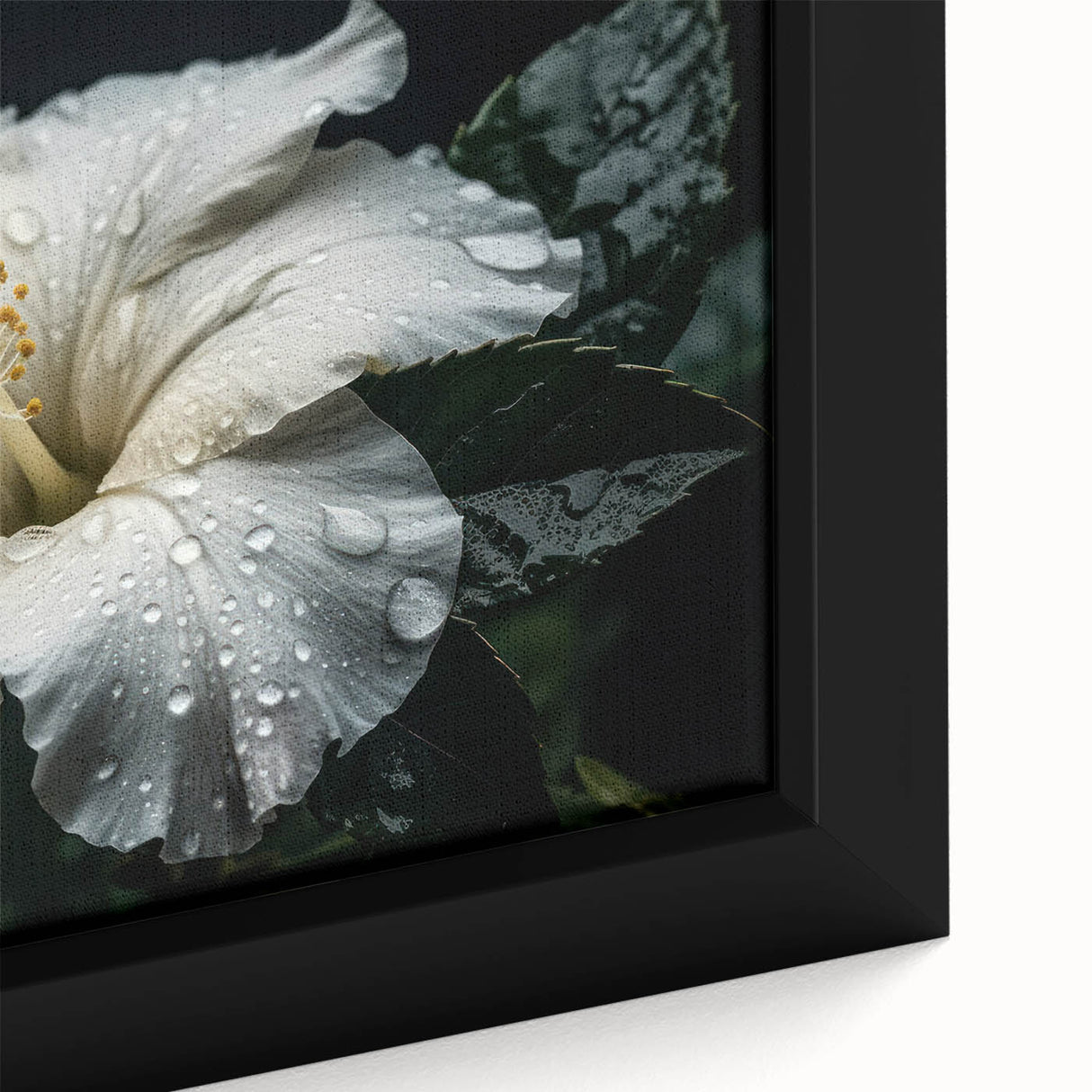 Close-up of a vibrant hibiscus floral design on framed canvas wall art, showcasing rich colors and intricate botanical details, perfect for home decor.