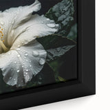 Close-up of a vibrant hibiscus floral design on framed canvas wall art, showcasing rich colors and intricate botanical details, perfect for home decor.