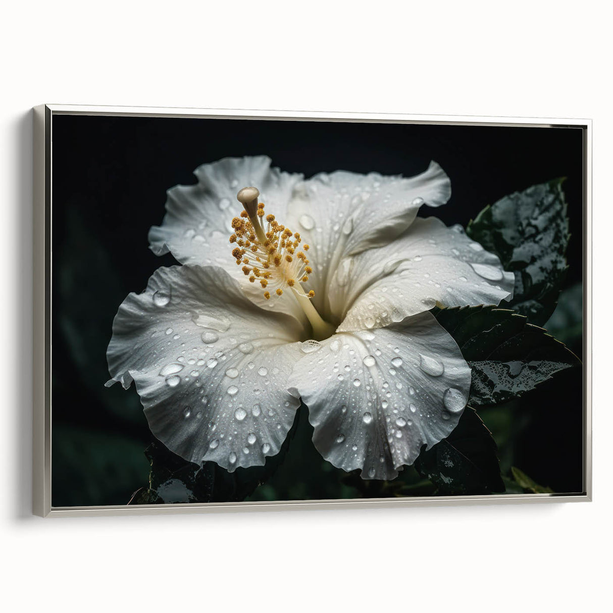 Framed wall art showcasing a botanical hibiscus design in vibrant colors, displayed from a silver side view, perfect for home decor enthusiasts. Ideal for brightening up living spaces with its floral elegance.