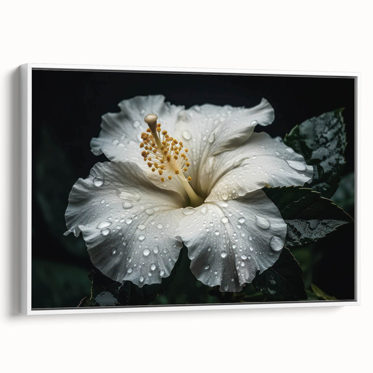Framed canvas wall art showcasing a vibrant hibiscus botanical design in white, capturing intricate floral details and textures, perfect for home decor.