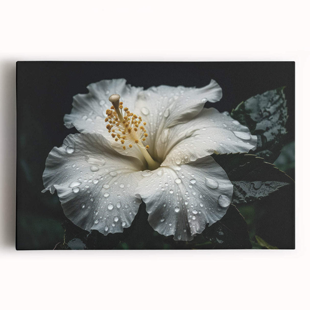 Stretched canvas artwork showcasing a vibrant hibiscus floral design in rich reds and greens, perfect for enhancing home decor with a tropical touch.