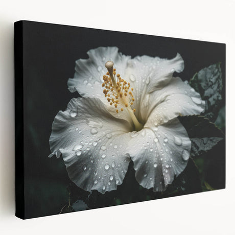 Stretched canvas wall art featuring a vibrant hibiscus botanical design with rich colors and intricate details, perfect for adding a tropical touch to home decor.