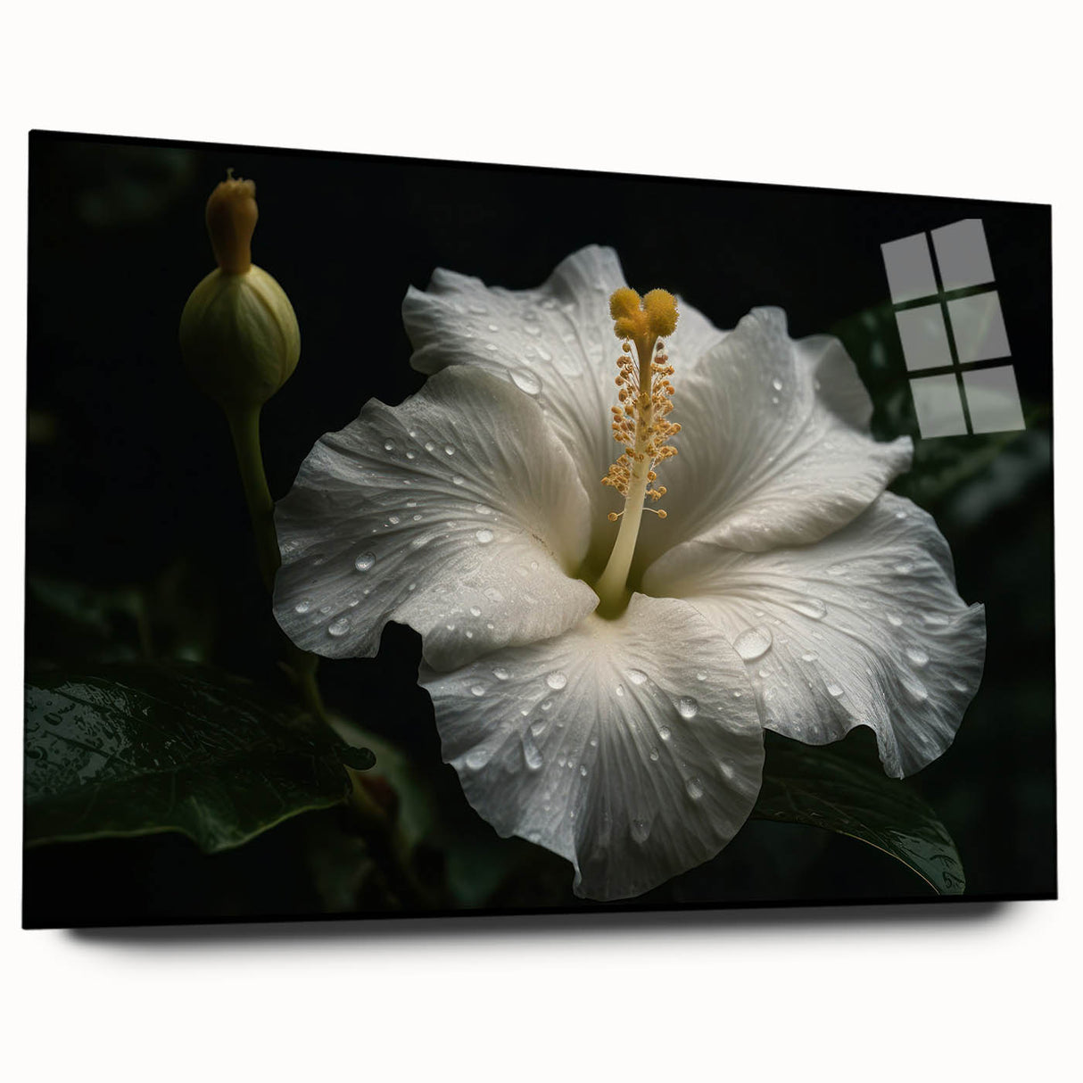 Elegant botanical wall art featuring a vibrant hibiscus design, displayed in a sleek acrylic frame. The side view highlights its modern aesthetic, perfect for home decor.