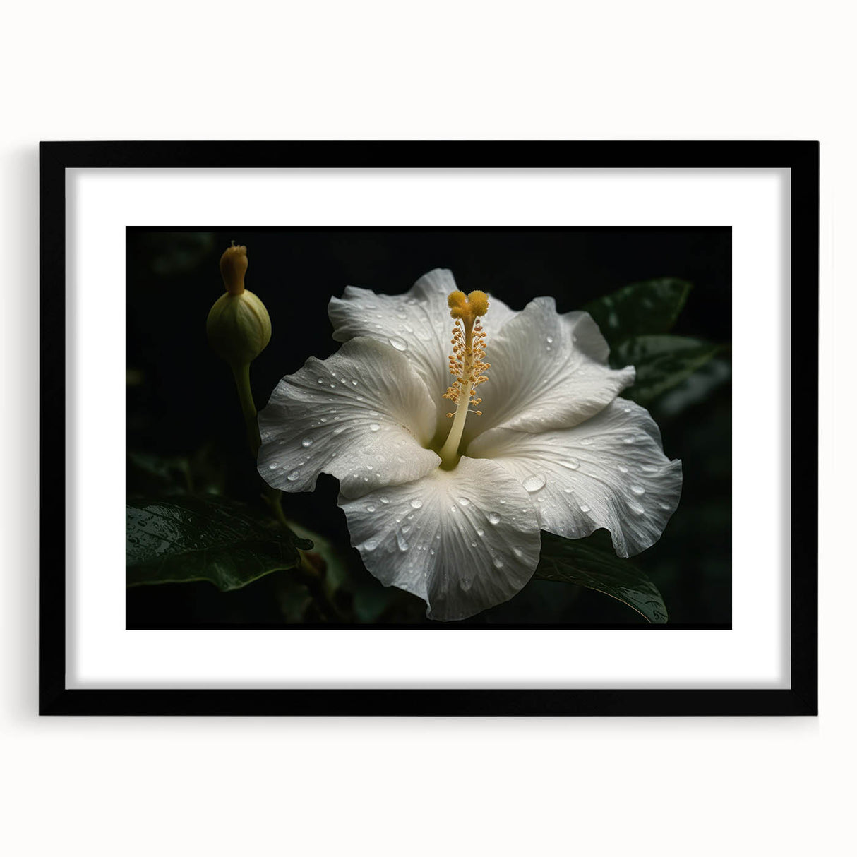 Botanical wall art featuring a vibrant hibiscus design, framed in black with a matte finish, showcasing colorful floral details ideal for home decor.