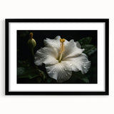 Botanical wall art featuring a vibrant hibiscus design, framed in black with a matte finish, showcasing colorful floral details ideal for home decor.