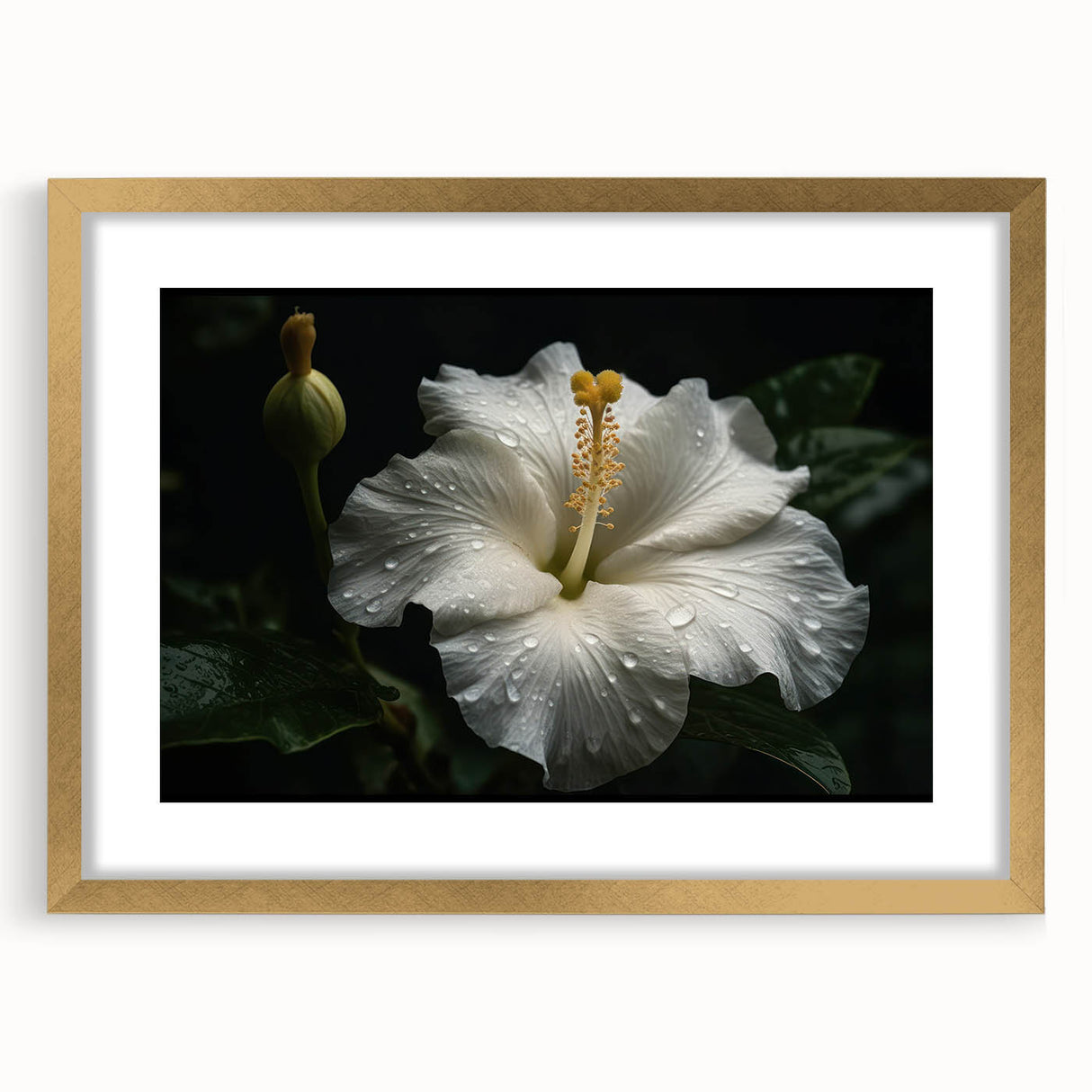 Hibiscus botanical wall art design framed with a gold mat, showcasing vibrant floral details and elegant aesthetics, perfect for home decor enhancement.