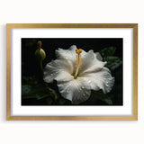 Hibiscus botanical wall art design framed with a gold mat, showcasing vibrant floral details and elegant aesthetics, perfect for home decor enhancement.