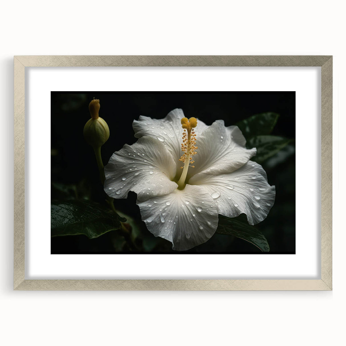 Botanical wall art collection featuring a vibrant hibiscus design framed in silver, with a white mat highlighting its intricate floral details, perfect for home decor.