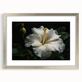 Botanical wall art collection featuring a vibrant hibiscus design framed in silver, with a white mat highlighting its intricate floral details, perfect for home decor.