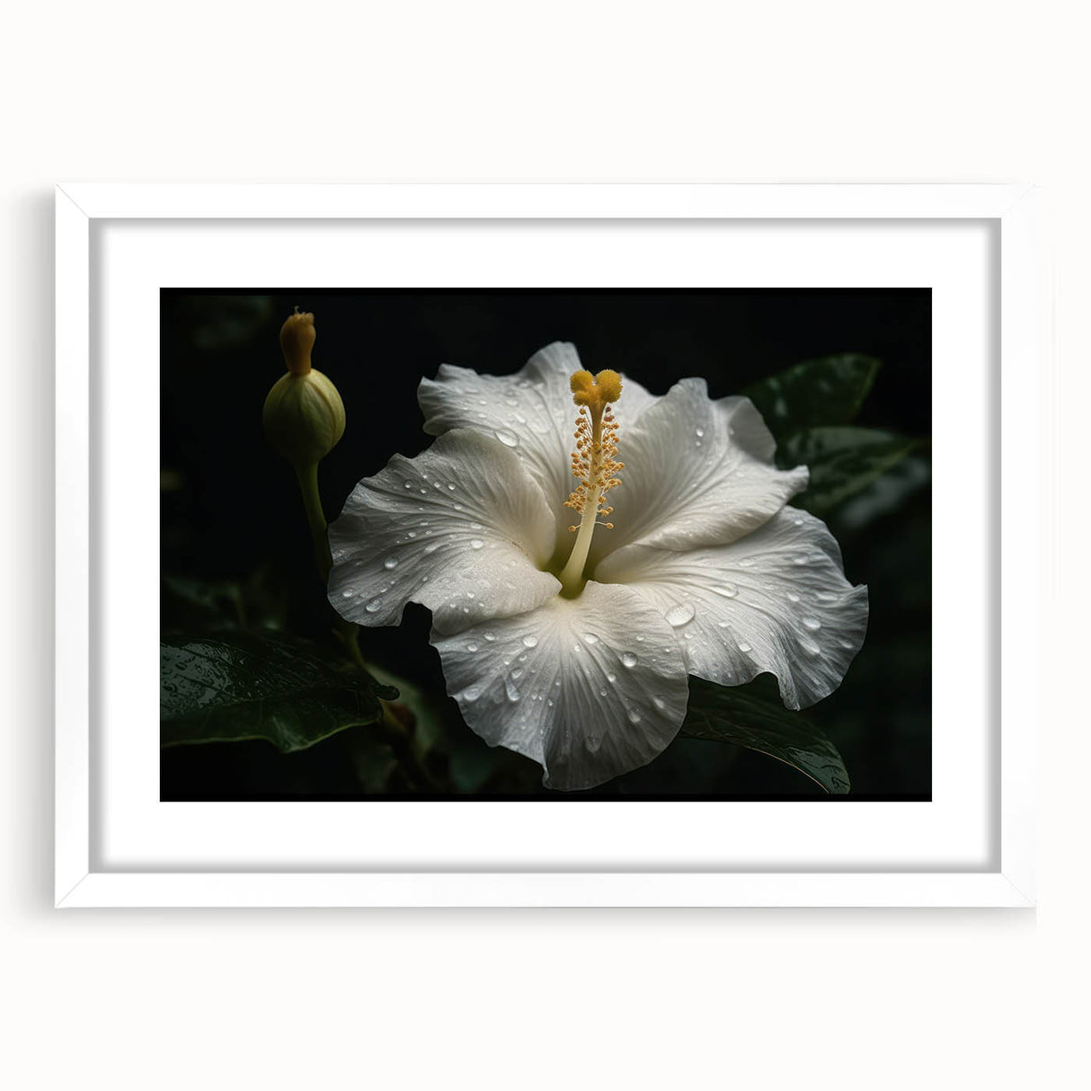 Hibiscus botanical wall art design in a white frame with matting, showcasing vibrant floral colors and intricate details, ideal for home decor enhancement.
