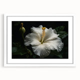 Hibiscus botanical wall art design in a white frame with matting, showcasing vibrant floral colors and intricate details, ideal for home decor enhancement.
