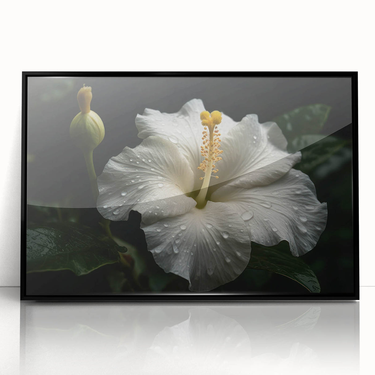 Framed wall art featuring a vibrant hibiscus botanical design with intricate details, set in a sleek black frame, perfect for enhancing home decor.