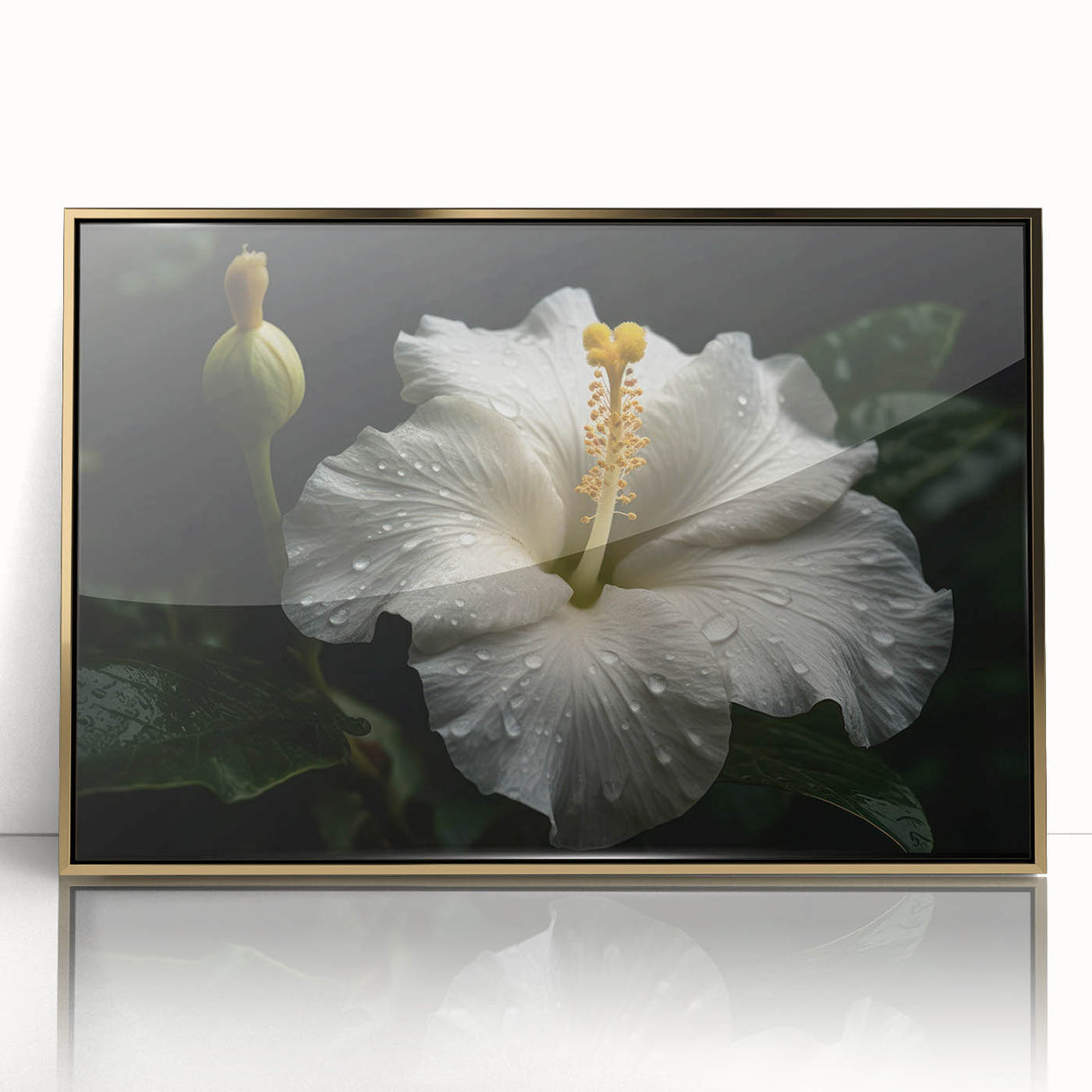 Framed wall art featuring a vibrant botanical hibiscus design in shades of pink and green, set in a sleek gold frame, perfect for modern home decor.